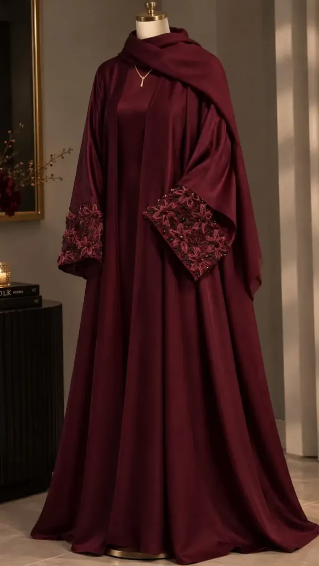 Beaded floral cuff on a burgundy abaya