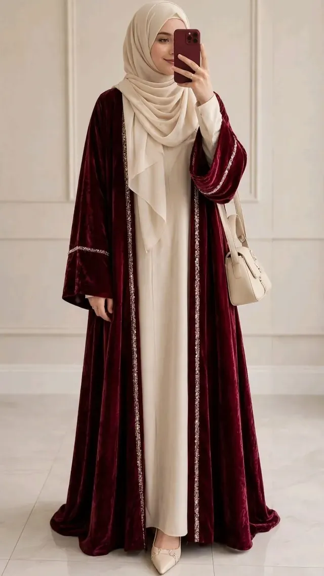 Sequin trim on a burgundy velvet open abaya
