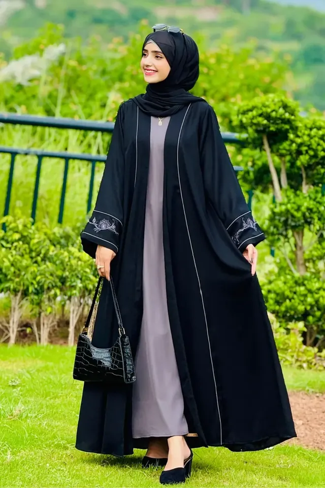 Black open front abaya with floral embroidered cuffs, abaya collection in Pakistan